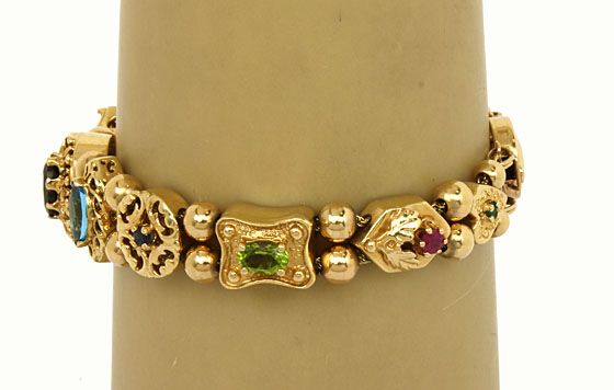   14K GOLD & GEMS LADIES SLIDE CHARM BRACELET W/ 11 CHARMS  