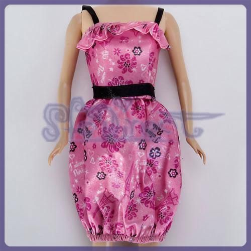 Handmade Flower Print Pink Belt Dress Skirt for Barbie  