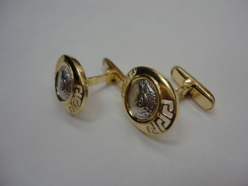 SOLID 14 K YELLOW/ WHITE GOLD ROMAN /GREEK MENS CUFFLINKS  