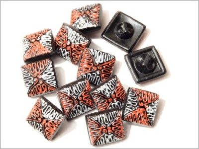 CZECH VINTAGE SQUARE WHITE ORANGE GLASS BUTTONS 14mm  