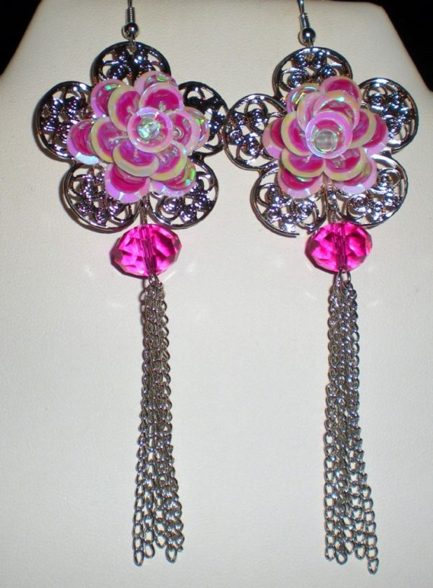 Filigree Sequin Flower Tassel Dangle Earrings * U Pick  