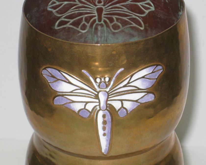 WMF Antique Art Nouveau Copper Vase w Enamel Dragonfly  