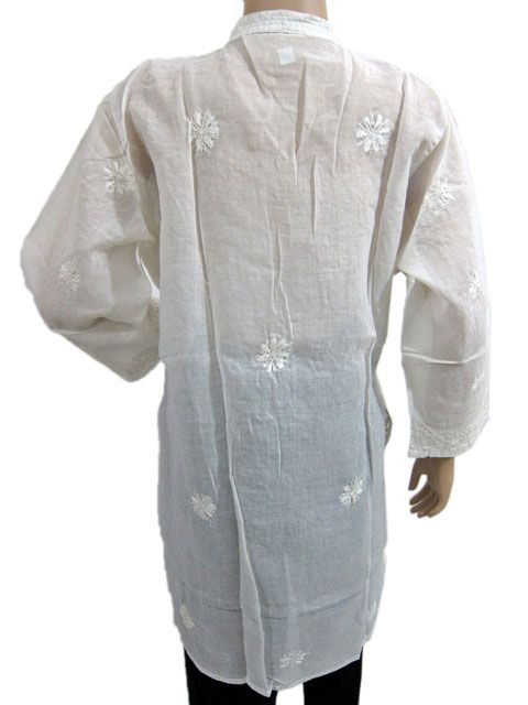 Boho Designer Kurtis Dress White Floral Embroidered Cotton Tunic Top L