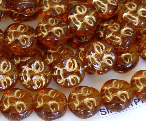 9mm MOON Face TOPAZ Gold Inlay Czech Glass Beads 25  #CRI  