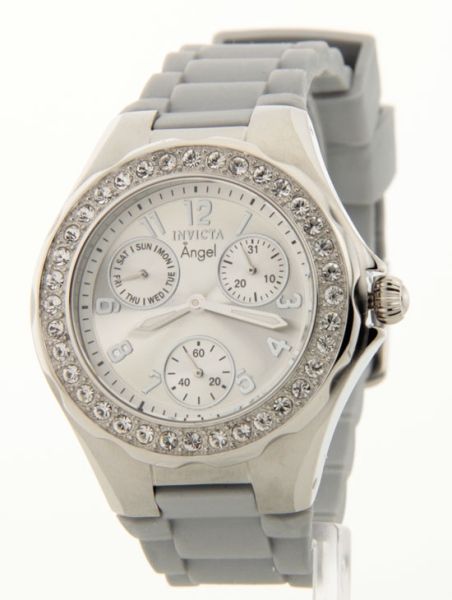 Invicta Womens Crystal Bezel Angel Polished Steel 3 Eye Day Date 