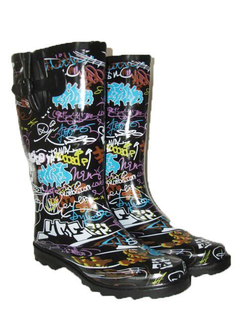 NEW WOMEN BLACK BUCKLE GRAFFITI SNOWBOOTS RAIN BOOTS  