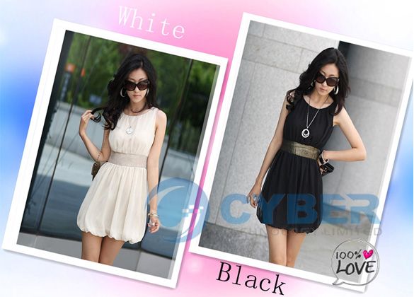 Women Korea Empire Waist Stylish Chiffon Lined Tunic Mini Dress