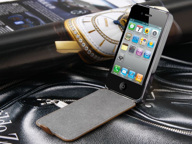 Deluxe Dual Use Flip PU Leather Chrome Hard Case Cover For iPhone 4 4S 