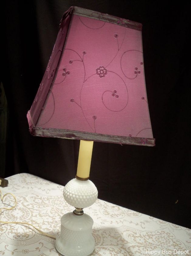   Vintage White Hobnail Milk Glass Lamp with free Purple Silk Shade