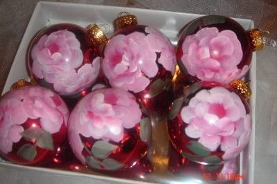 HP SHABBY PINK ROSES RED CHRISTMAS BALLS ORNAMENTS  