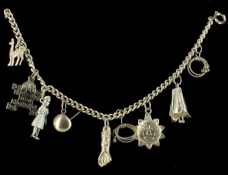 VINTAGE FINE SILVER CHARM BRACELET AZTEC MILAGROS  