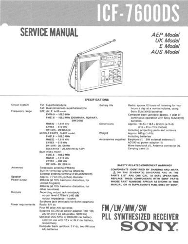 SONY ICF 7600DS COMPLETE SERVICE MANUAL SUPPLIED ON CD  