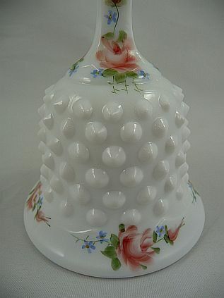 Fenton 1974 Milk Glass Hobnail Bell Hand Painted Roses  