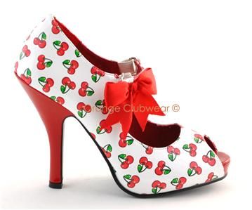 PINUP Womens Sexy Vintage Style Cherry High Heels Mary Janes Peep Toe 