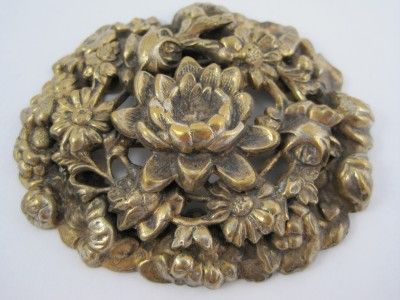 Victorian Gold Tone Brass Lotus Floral Repouosse Brooch Pin 2.5 Wide 