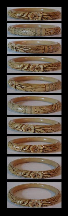 BEAUTIFUL VINTAGE 1920S CARVED CELLULOID FLOWERS BANGLE BRACELET 