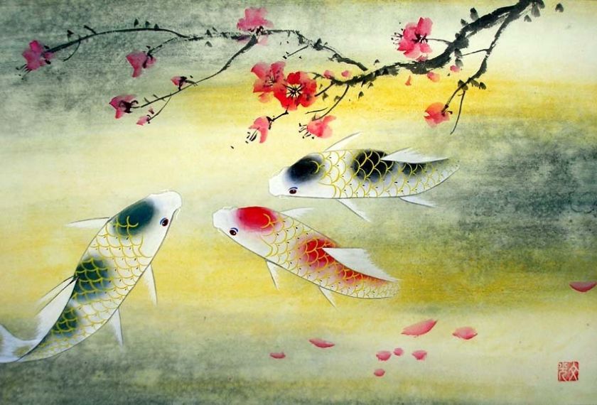   Chinese Painting Feng Shui Art Three Koi Fish&Plum Blossom a83  