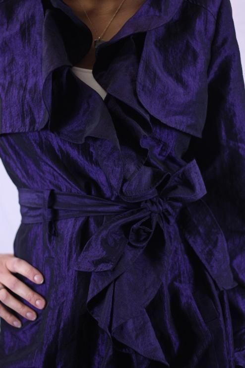 NWT Joseph Ribkoff Dark Purple Ruffle Trim Taffeta Trench Belted 