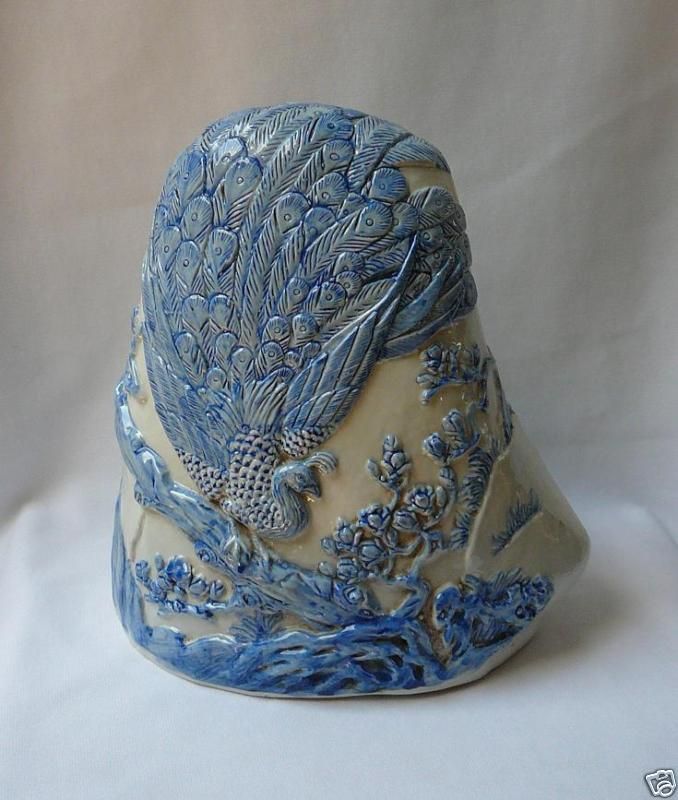 Blue/White Carved Peacock Porcelain Decor Display m542  