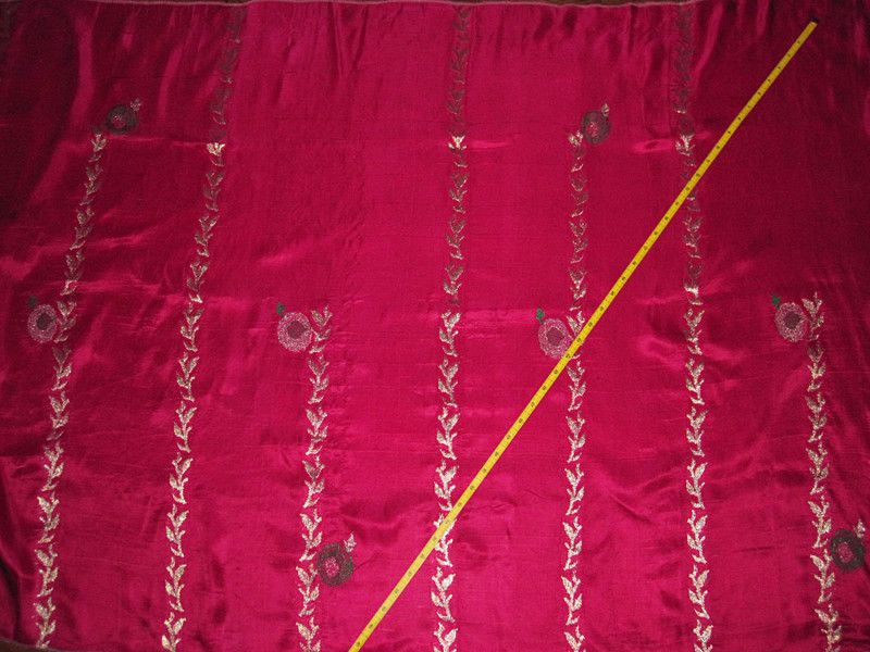 100% SILK SATIN fabric metallic gold embroidery magenta  