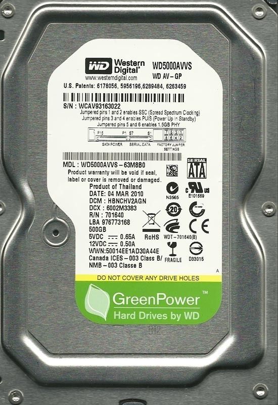 WESTERN DIGITAL 500GB WD5000AVVS 63M8B0 DCM HBNCHV2AGN  