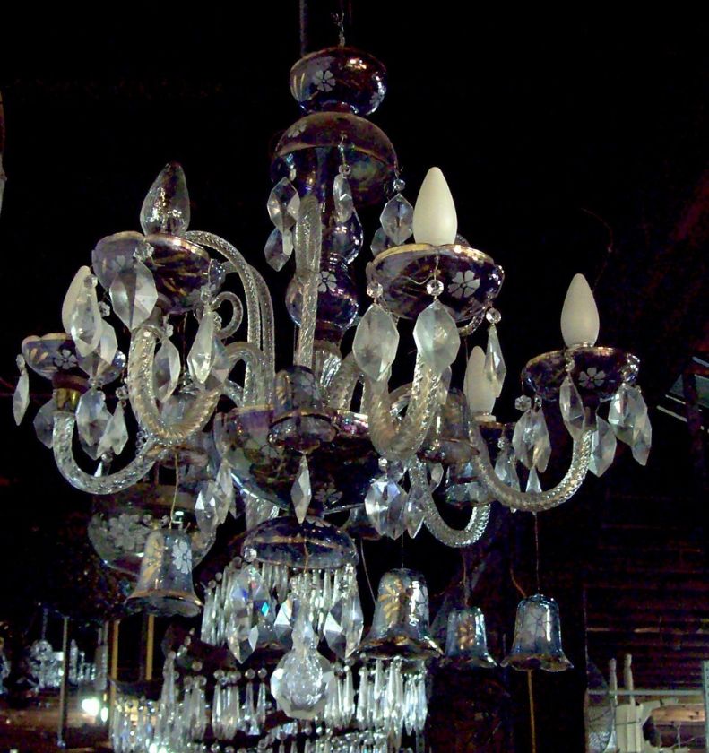   Blue Glass Crystal Chandelier w/handpainted bells & shades  