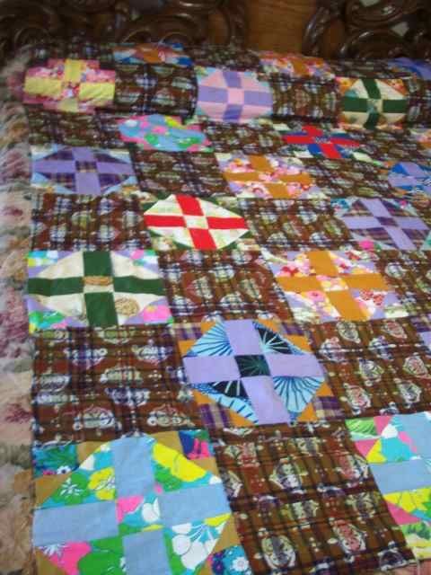 GREAT UNUSUAL COLORFUL NINE PATCH QUILT TOP #D1213  