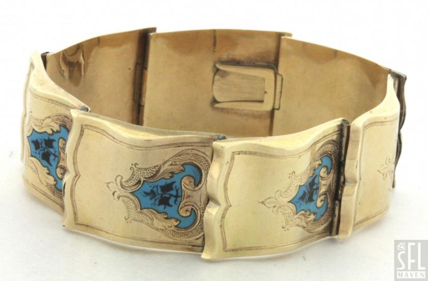 ANTIQUE HEAVY 14K GOLD RARE ELEGANT FANCY ENAMEL LINK BRACELET  