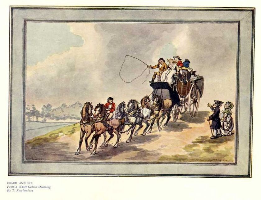 HORSES COACHING ANTIQUE 1908 COLOR PRINT, COACH AND SIX  