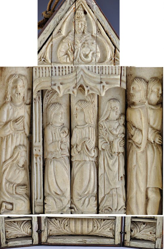 VERY OLD 11th 18th cent ROMANESQUE BONE & WOOD TRIPTYCH  