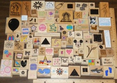 HUGE LOT *** 100+ ASSORTED WOOD MOUNTED RUBBER STAMPS (lot A)  