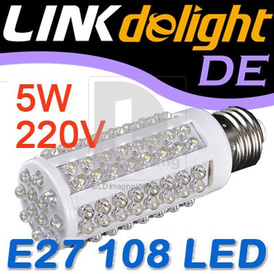 New 220V E27 108 LED 5W Bright/Warm White Lighting Energy saving Light 