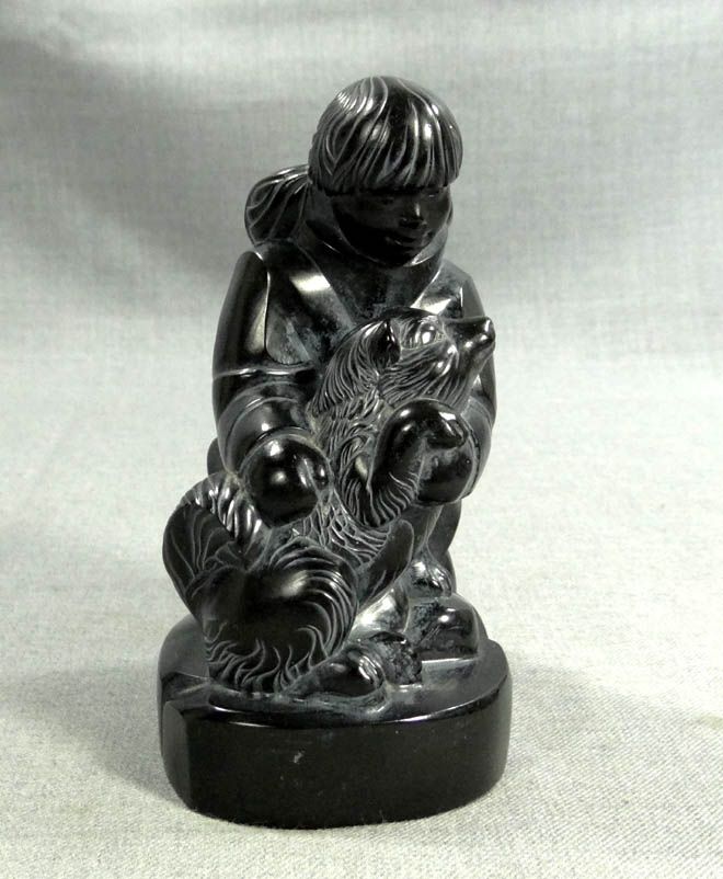 VINTAGE CANADIAN ESKIMO DOG INUIT GIRL CARVING SCULPTURE STATUE 