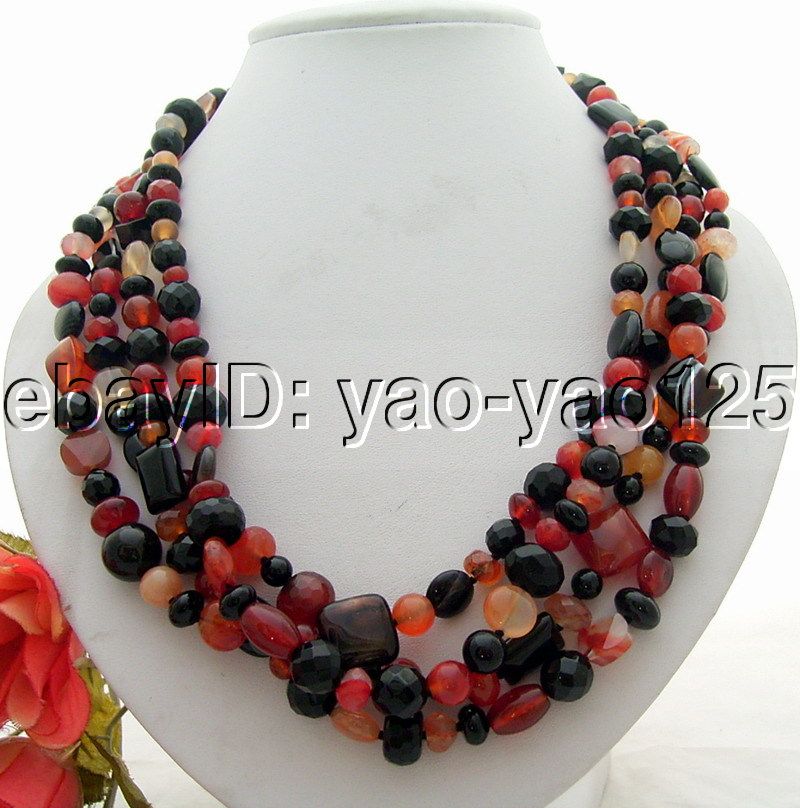 Amazing 4Strds Onyx&Carnelian Necklace Jade Toggle Clasp