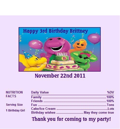 Candy Wrappers/Party favors Barney birthday #1  