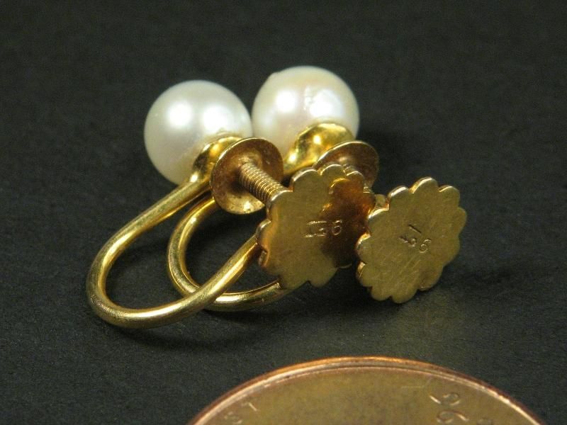   ENGLISH 9K GOLD CULTURED PEARL STUD SCREW BACK EARRINGS $1 