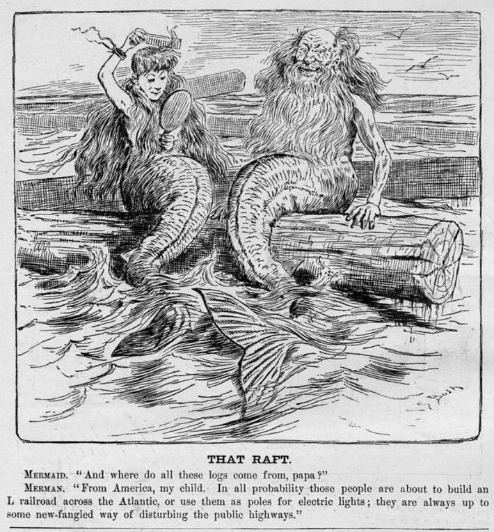 MERMAID, MERMAN ON THE LOG RAFT, ANTIQUE PRINT, MERMAID  