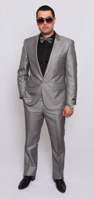   Suit Silver 1 Button Peak Lapel Sharkskin Fabric Slim Style Suit