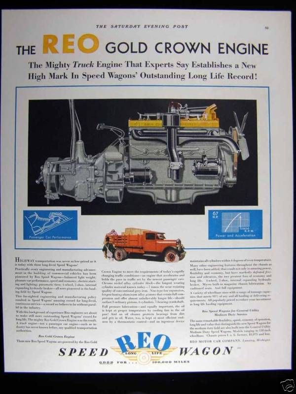 1929 REO SPEED WAGON GOLD CROWN ENGINE TRUCK PRINT AD  