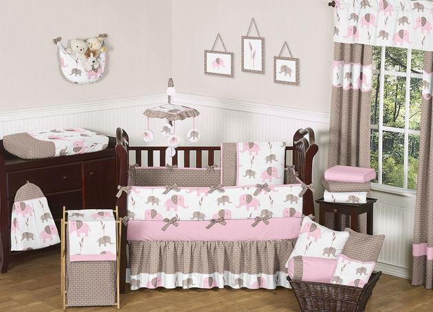  DISCOUNT PINK AND BROWN MOD ELEPHANT DESIGNER GIRL BABY BEDDING CRIB 
