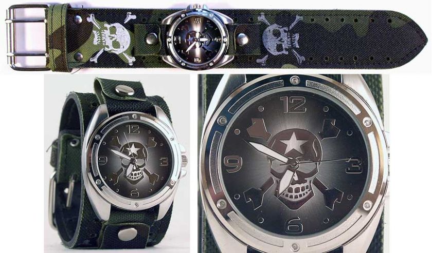 NEMESIS CAMOUFLAGE SKULL BAND WIDE CUFF WATCH NEW PUNK  