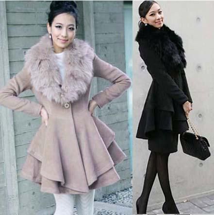   fur large collar winter outerwear ruffled dress jacket coat  