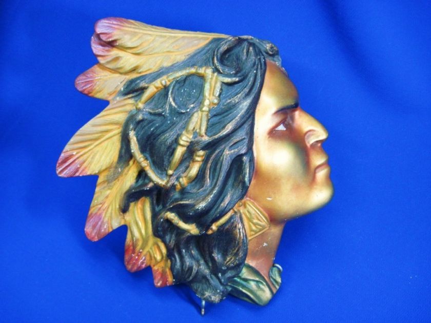 CHALKWARE INDIAN BRAVE PLAQUE SOUVENIR HALE MICHIGAN  