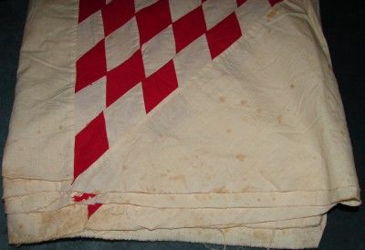   Stitched Lonestar Star Red White Quilt Top Feedsack Material  