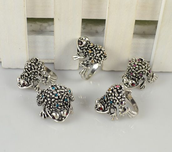  6pcs Silver Plated Vintage Cocktail Cute Frog Crystal Ring R178  