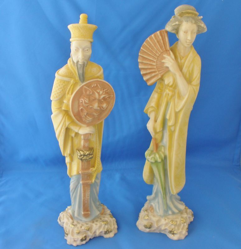 PAIR ORIENTAL FIGURINES STATUES, 14+ YELLOW SEA GREEN  