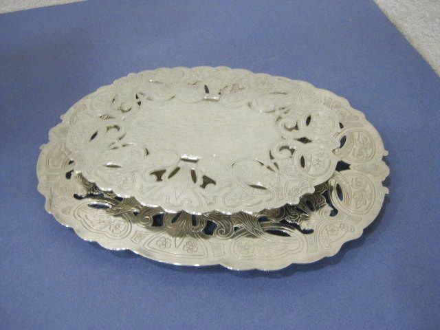 vtg Pair Oval Silverplate Wallace Filigree Footed Hot Plates  