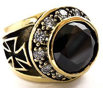 BLACK ONYX BIKER CROSS CHOPPER GOLD BRASS MEN RING 11  