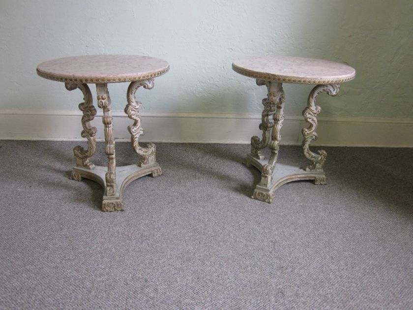 Pair Paint Decorated Louis XV Round Marbletop Tables  