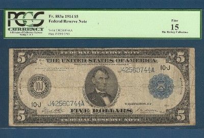 US CURRENCY 1914 $5 LARGE FRN Old Paper Money FINE